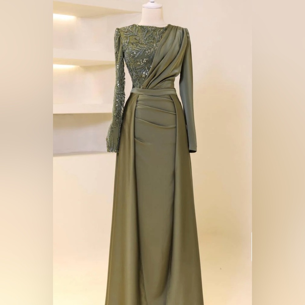 Elegant Olive Green Draped Evening Gown